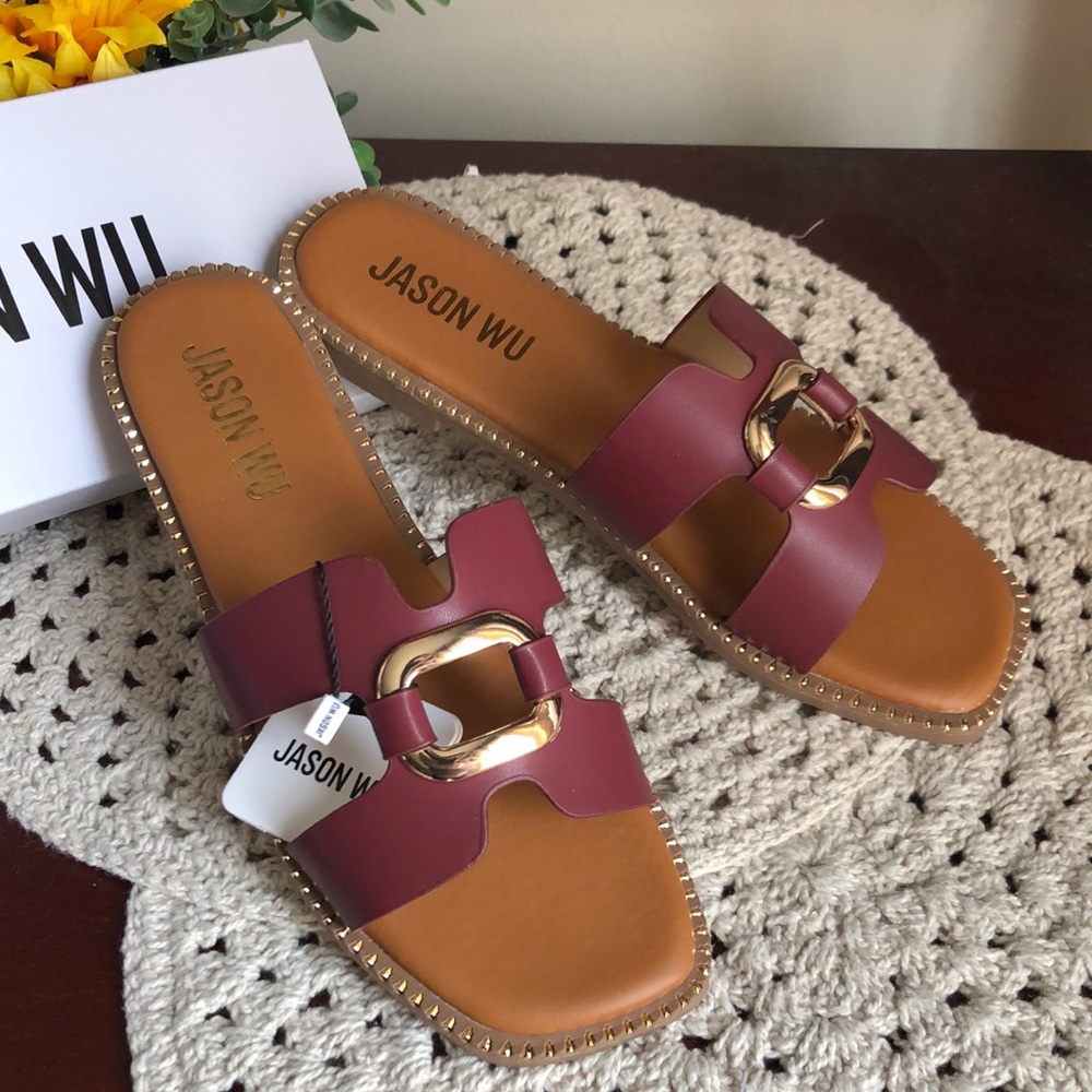 Jason Wu Burgundy Slide Sandals with Gold Buckle Accent